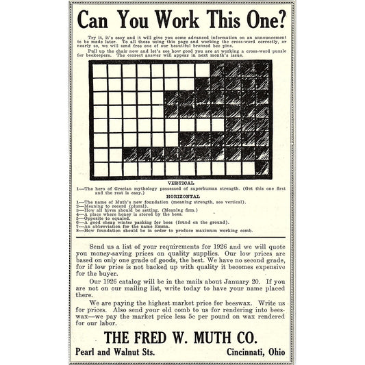 The Fred W Muth Co Puzzle Bee Supplies Cincinnati Ohio 1926 Ad AG3-9