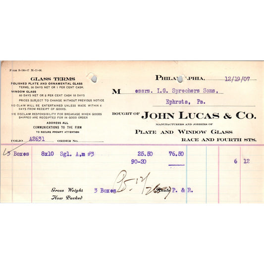 1907 John Lucas & Co Paint and Varnish Philadelphia Letterhead Billhead D11