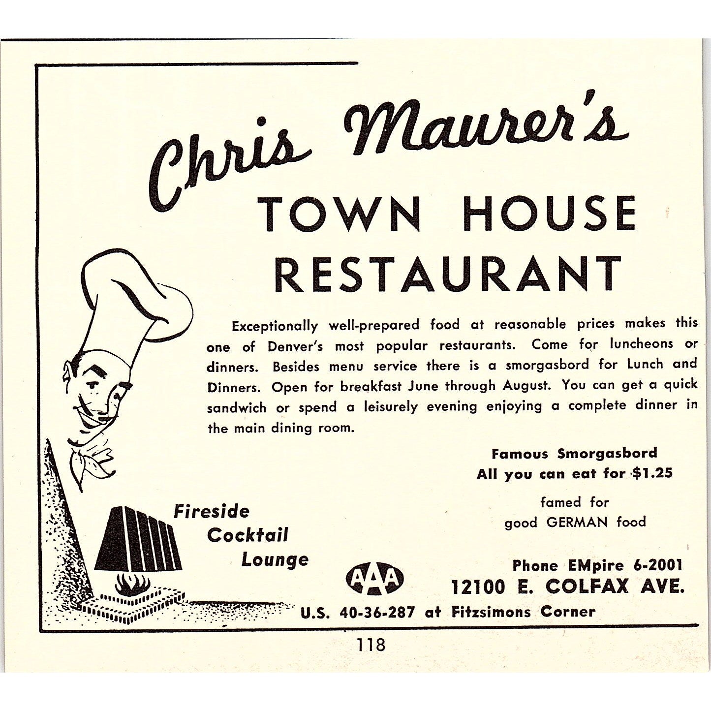 Chris Maurer's Town House Restaurant Colfax Ave Denver CO 1958 Ad AG1-H3