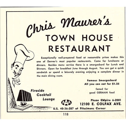 Chris Maurer's Town House Restaurant Colfax Ave Denver CO 1958 Ad AG1-H3