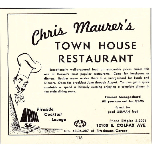 Chris Maurer's Town House Restaurant Colfax Ave Denver CO 1958 Ad AG1-H3