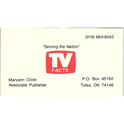 TV Facts Maryann Clote Tulsa OK Vintage Business Card SSB4-B12