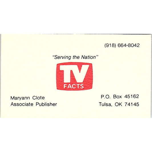 TV Facts Maryann Clote Tulsa OK Vintage Business Card SSB4-B12