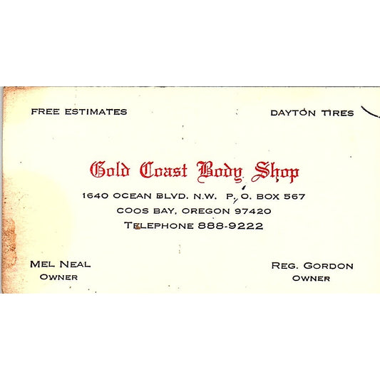 Mel Neal, Reg Gordon Gold Coast Body Shop Coos Bay Vintage Business Card SE3-B14