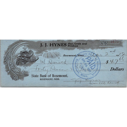 1912 J.J. Hynes Hay, Grain & Produce Rosemount MN Bank Check AJ4-H8