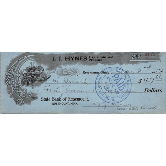 1912 J.J. Hynes Hay, Grain & Produce Rosemount MN Bank Check AJ4-H8
