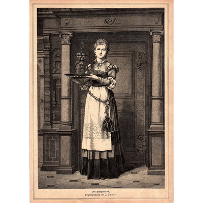 Der Morgentrunk The Morning Drink by F. Schmidt 1892 Engraving V1-3