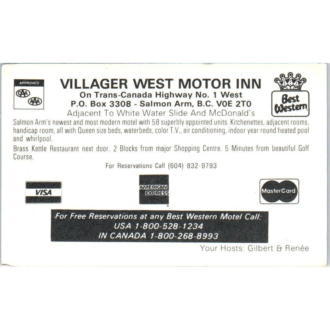 Villager West Motor In Salmon Arm BC Vintage Business Card SE3-B1