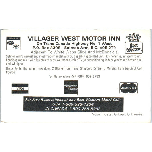 Villager West Motor In Salmon Arm BC Vintage Business Card SE3-B1