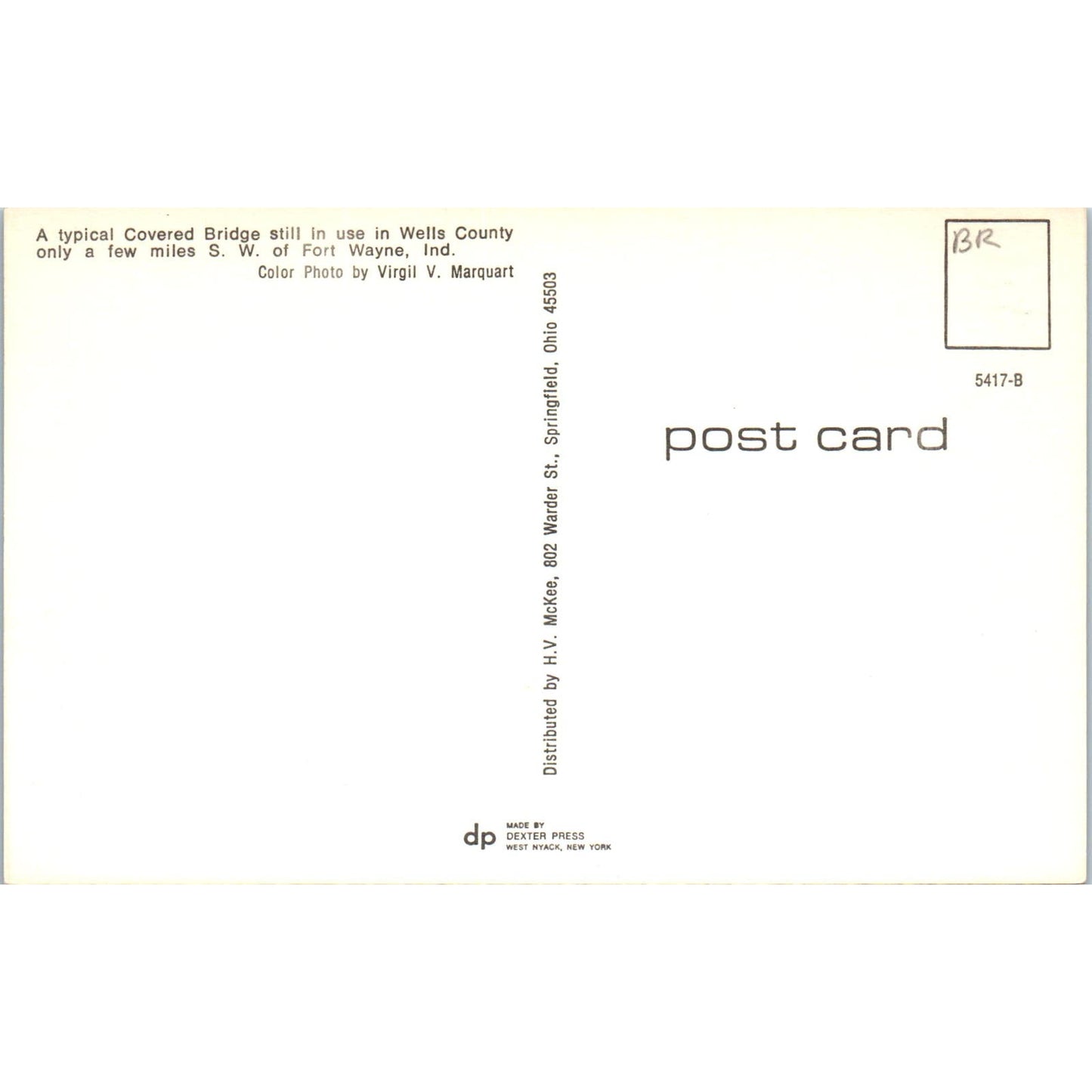 Wells County Fort Wayne Indiana Covered Bridge Postcard PC8