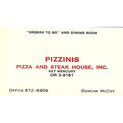 Pizzinis Pizza and Steak House, Inc. Duncan McCoy Vintage Business Card SSB4-B13