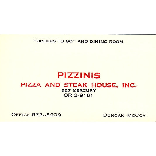 Pizzinis Pizza and Steak House, Inc. Duncan McCoy Vintage Business Card SSB4-B13