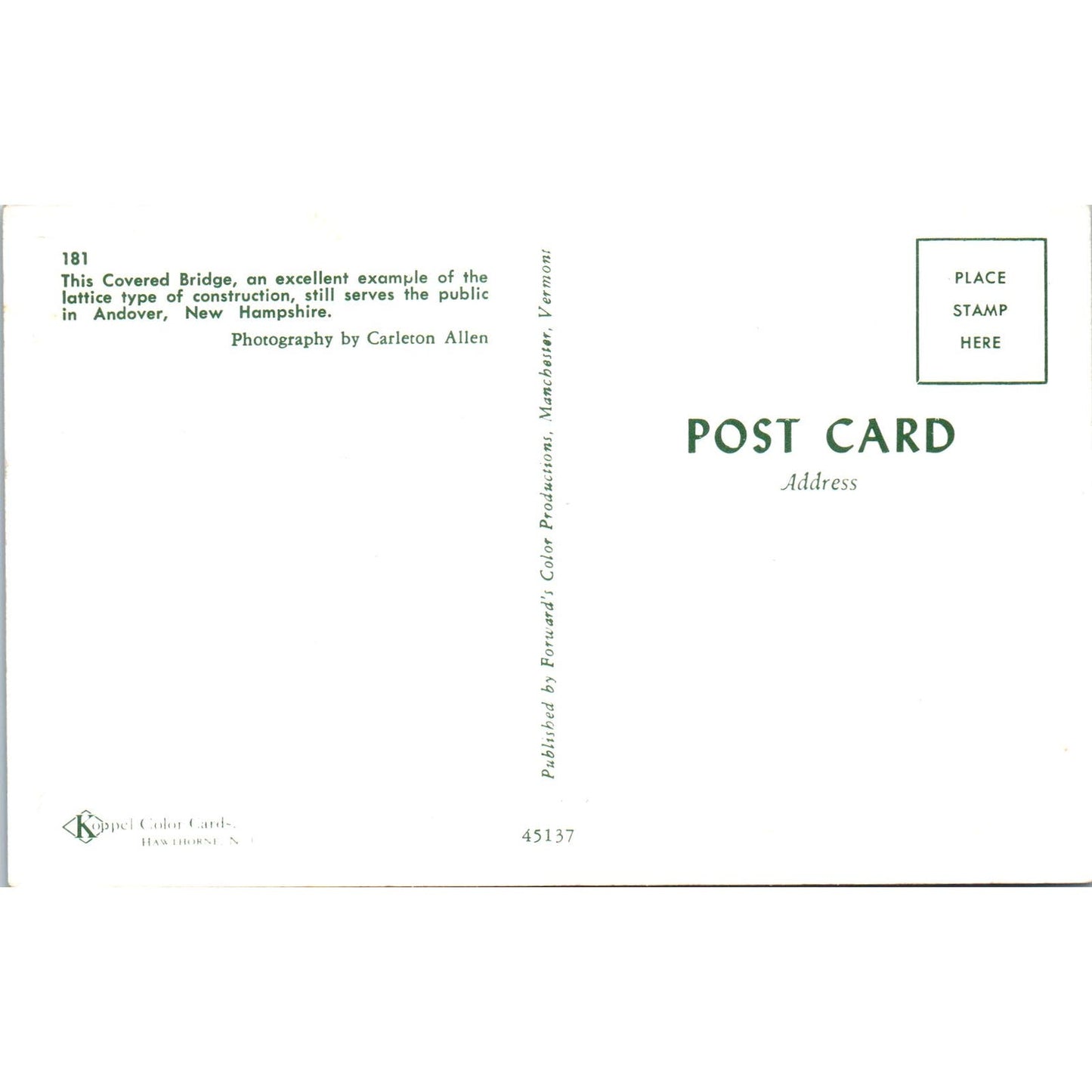 Andover New Hampshire Covered Bridge Postcard PC7