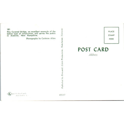 Andover New Hampshire Covered Bridge Postcard PC7