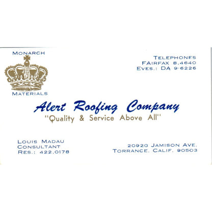 Alert Roofing Co Louis Madau Torrance CA Vintage Business Card SD8-B14