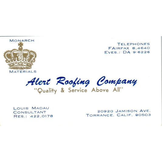 Alert Roofing Co Louis Madau Torrance CA Vintage Business Card SD8-B14