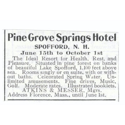 Pine Grove Springs Hotel Spofford NH Atkins & Messer c1918 Advertisement AE5-SV5