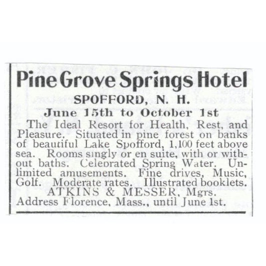 Pine Grove Springs Hotel Spofford NH Atkins & Messer c1918 Advertisement AE5-SV5