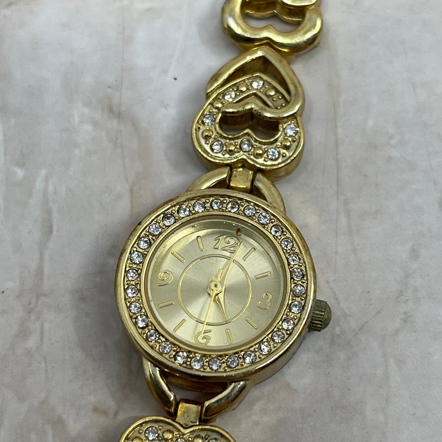 Vintage Ladies Watch Gold Tone Hearts Rhinestones Quartz Japan Movement SB3