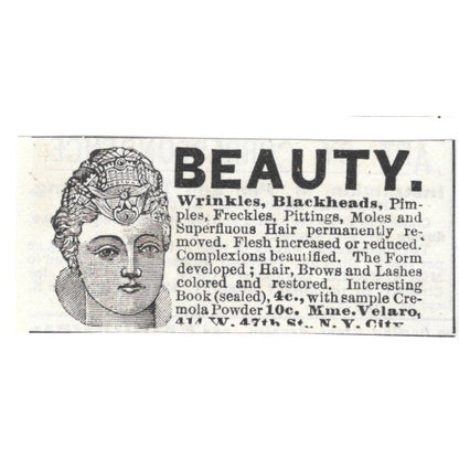 Madame Velaro Beauty Treatment 414 W. 47th St NY 1892 Ad AG2-S19