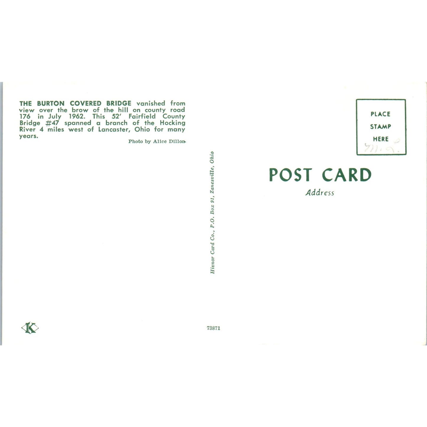 Burton Bridge Fairfield County #47 Lancaster OH Covered Bridge Postcard PB10