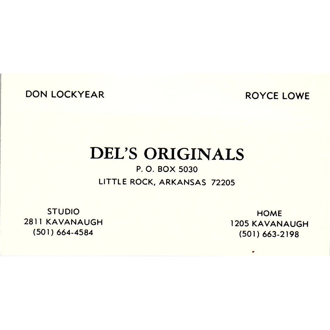 Don Lockyear Royce Lowe Del's Originals Little Rock AR Vtg Business Card SE3-B12