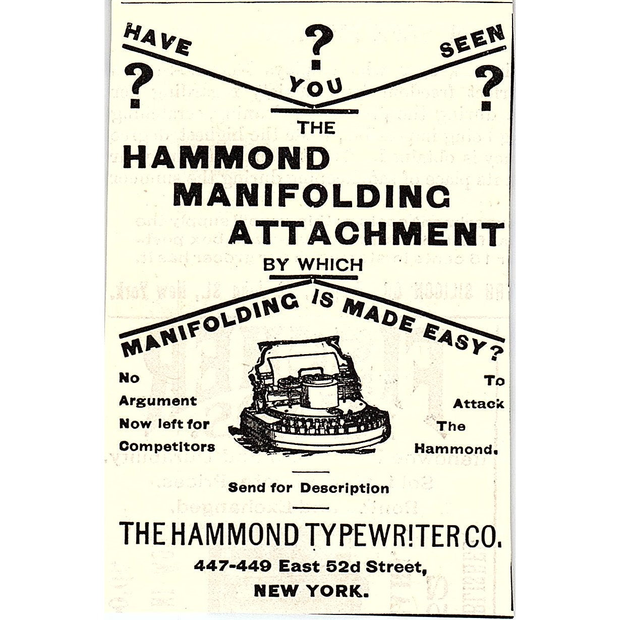 Hammond Manifolding Attachment - Hammond Typewriter Co NY 1892 Ad AG2-M10