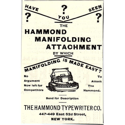 Hammond Manifolding Attachment - Hammond Typewriter Co NY 1892 Ad AG2-M10