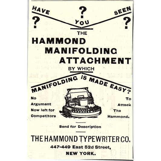 Hammond Manifolding Attachment - Hammond Typewriter Co NY 1892 Ad AG2-M10