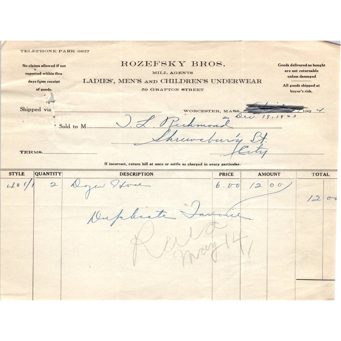 Rozefsky Bros Mill Agents Worcester MA 1924 Original Billhead Letterhead Receipt D7