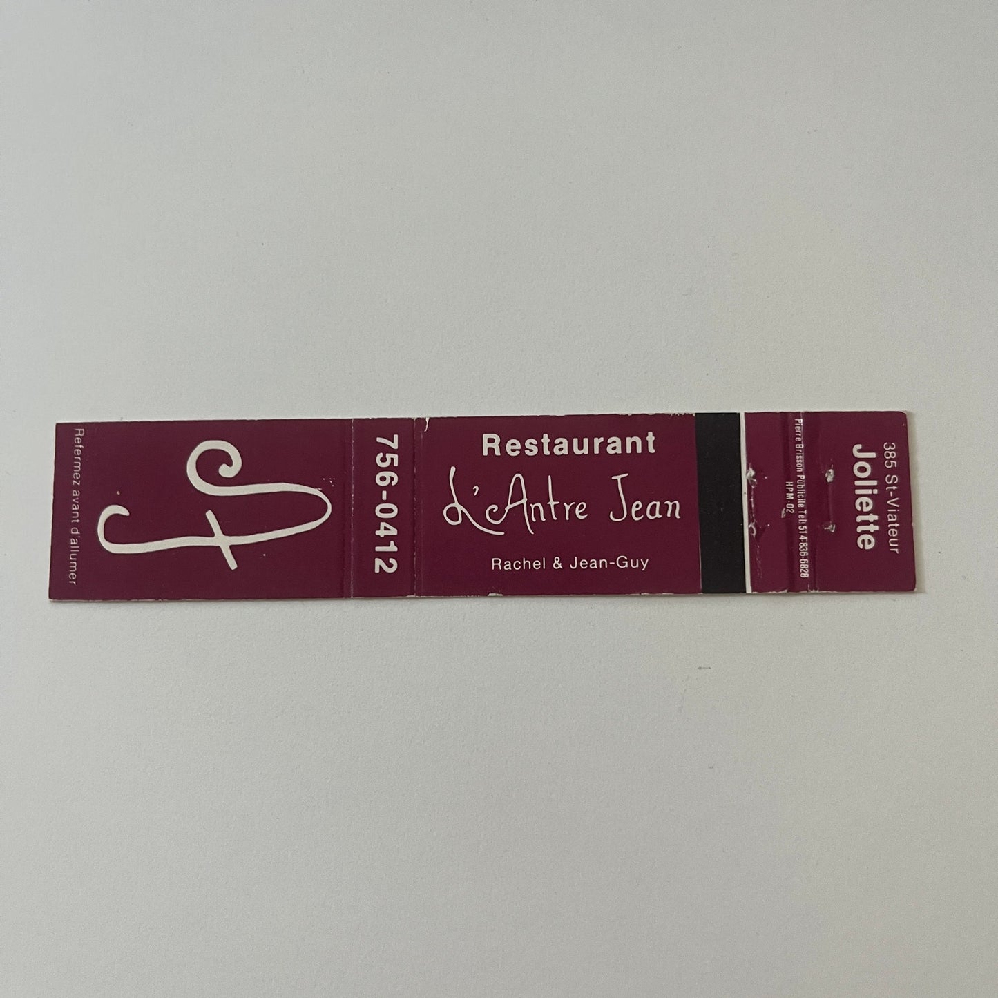 Restaurant L'Antre Jean Rachel & Jean-Guy Joliette Vintage Matchbook TB6-MB2-9