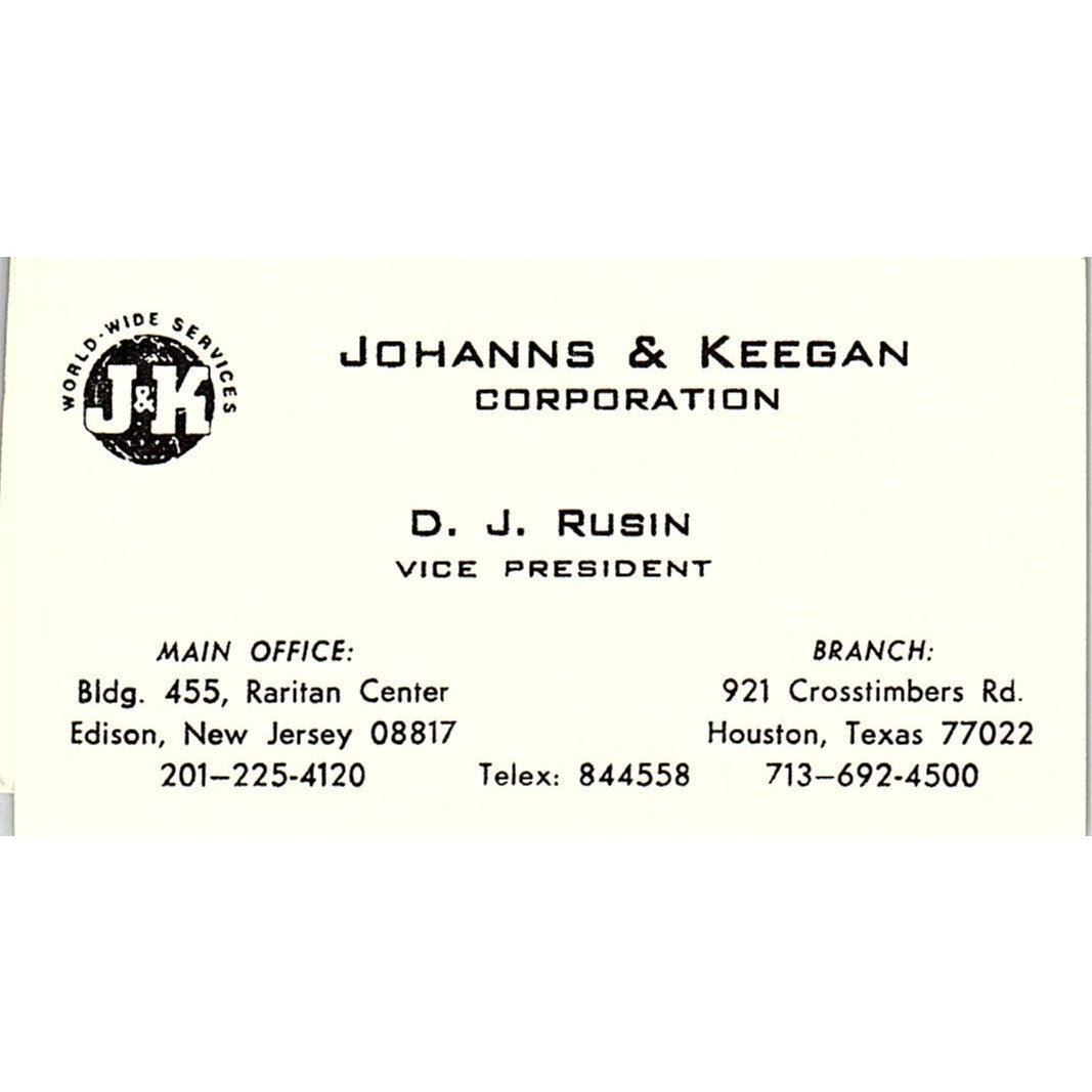 Johanns & Keegan D.J. Rusin Edison NJ Houston TX Vintage Business Card SC9-B6