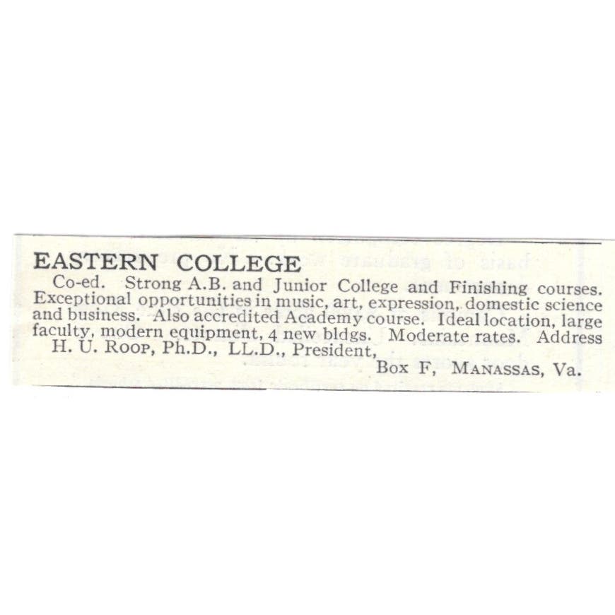 Eastern College H.U. Roop Manassas VA c1918 Original Advertisement AE5-SA4