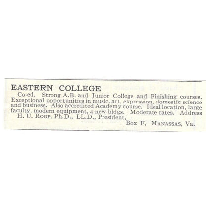 Eastern College H.U. Roop Manassas VA c1918 Original Advertisement AE5-SA4