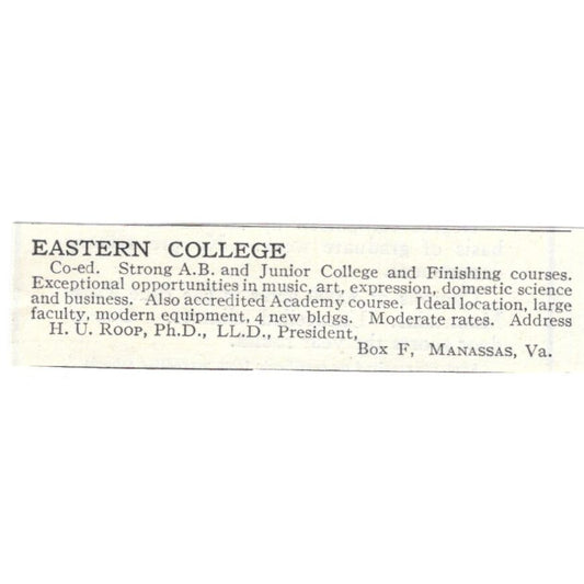 Eastern College H.U. Roop Manassas VA c1918 Original Advertisement AE5-SA4