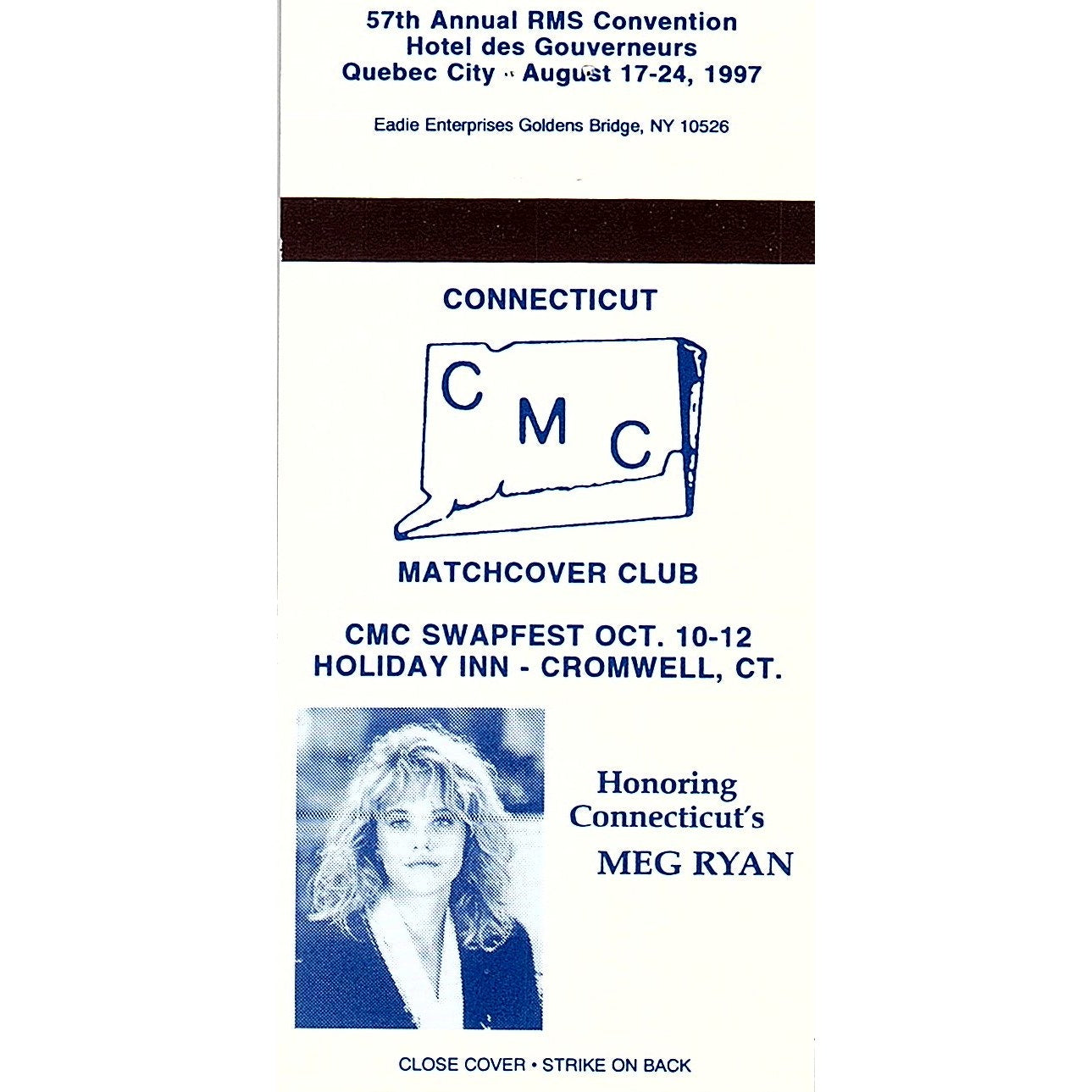 Meg Ryan Connecticut Matchcover Club 1993 Vintage Matchbook MM4-10