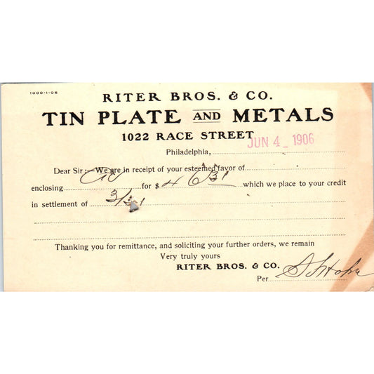 1906 Riter Bros & Co Tin Plate and Metals Philadelphia Receipt Postal Card AE8