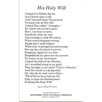 His Holy Will 2 Tim. II:11-12 Catholic Missions Boylston AL Vintage Card TH2-PC1
