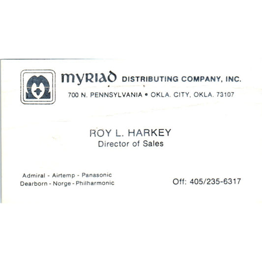 Roy L. Harkey Myriad Distributing Co Oklahoma City Vintage Business Card SD8-B5