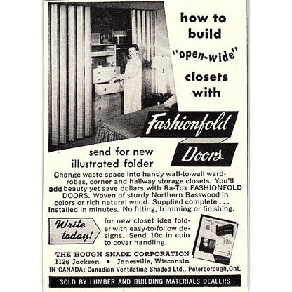 Fashionfold Doors The Hough Shade Corporation Janesville WI 1955 Ad AF9-M1