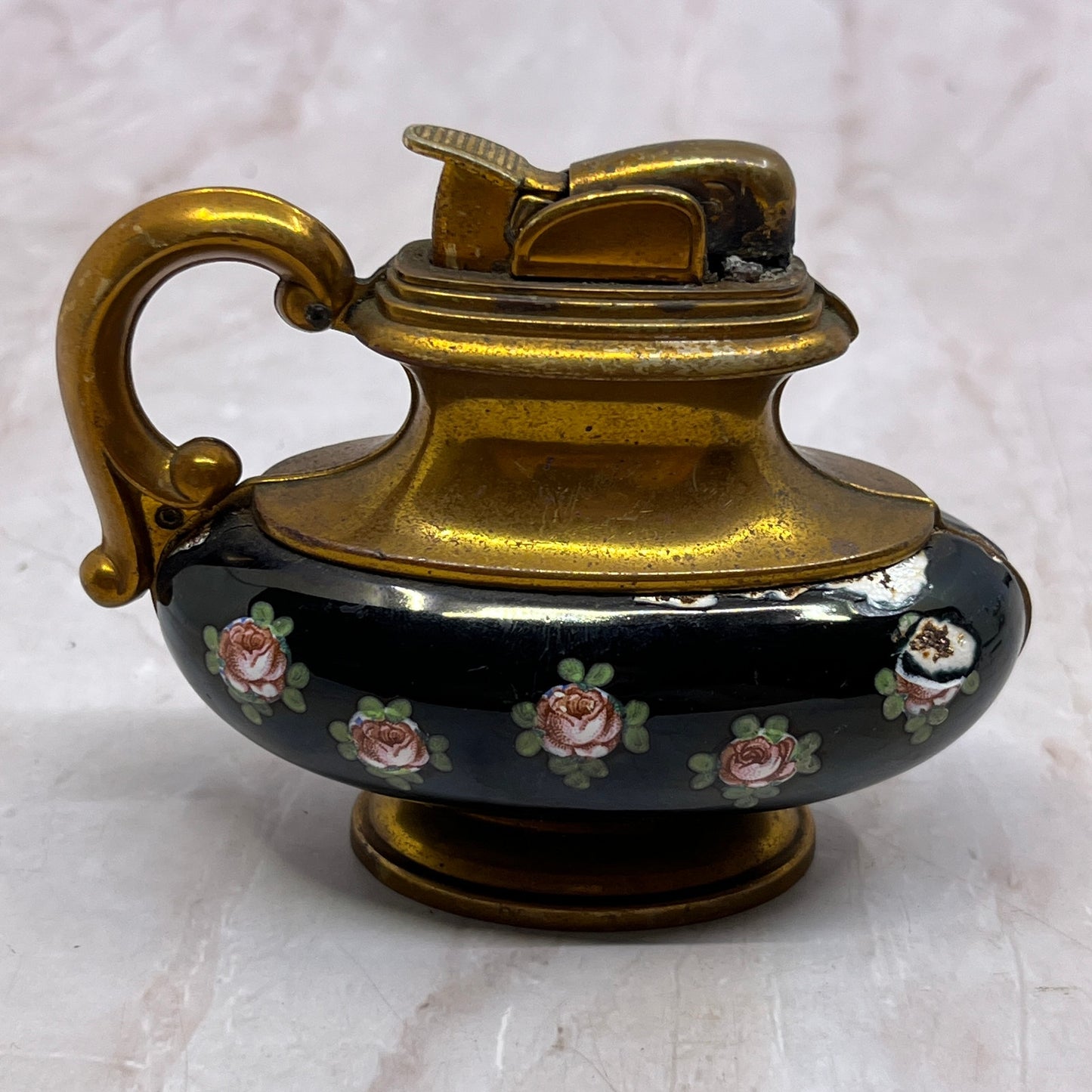Vintage Evans Brass Black Enamel Floral Teapot Style Table Lighter TL6
