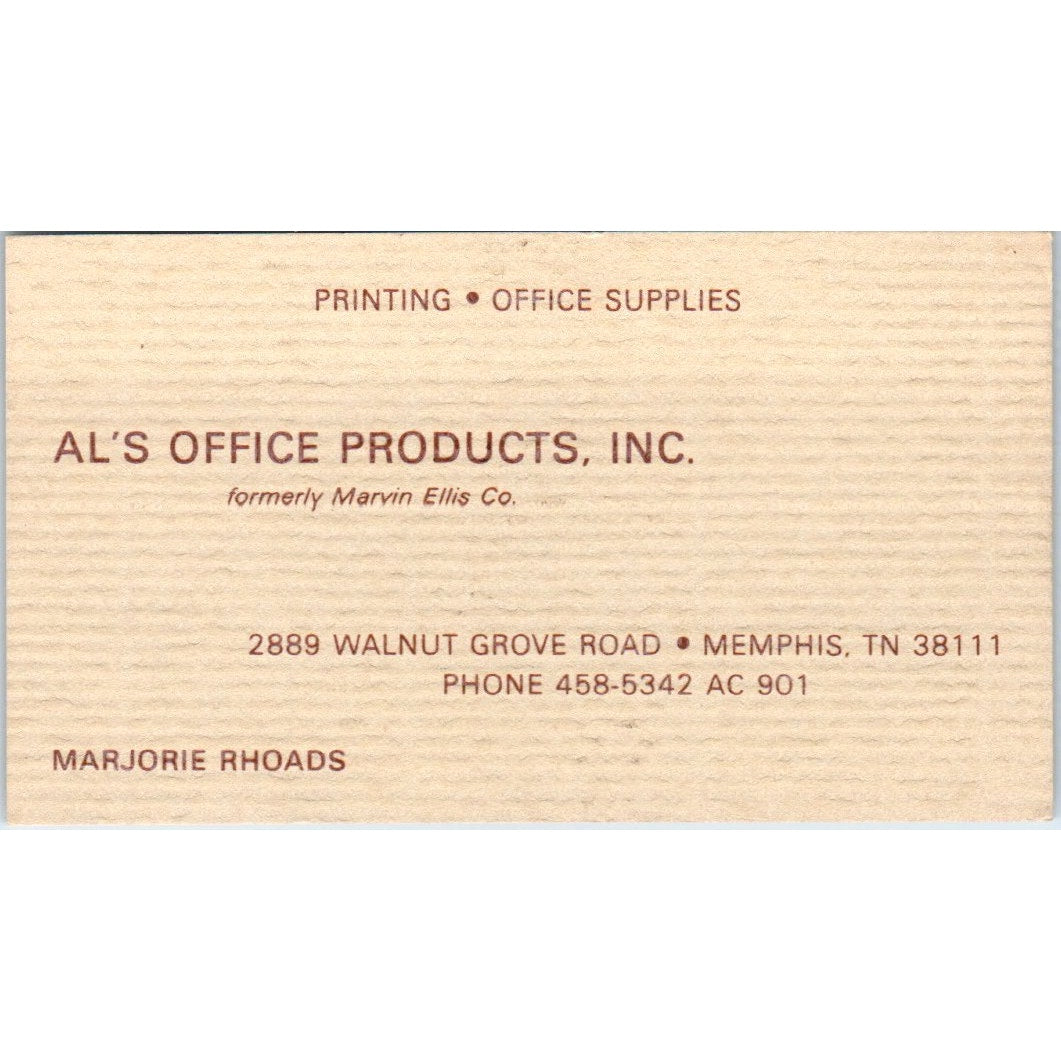 Marjorie Rhoads Al's Office Products Inc Memphis TN Vintage Business Card SE3-B4