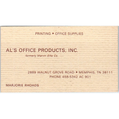 Marjorie Rhoads Al's Office Products Inc Memphis TN Vintage Business Card SE3-B4
