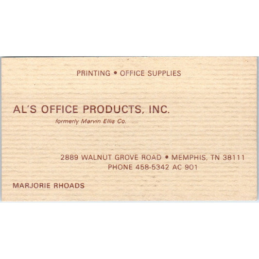 Marjorie Rhoads Al's Office Products Inc Memphis TN Vintage Business Card SE3-B4