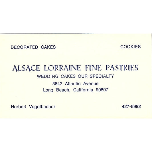 Alsace Lorraine Pastries Norbert Vogelbacher Long Beach Business Card SD9-B10