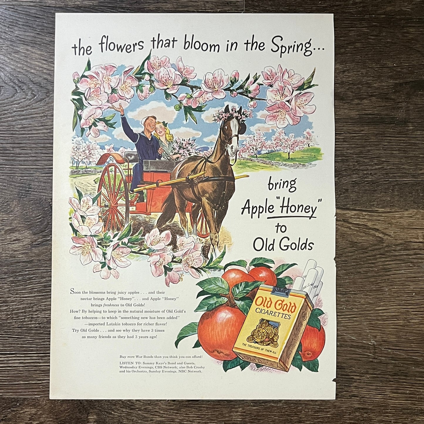 1940s Apple Honey Old Golds WWII Sailor War Bonds Magazine Ad 10x13 V3