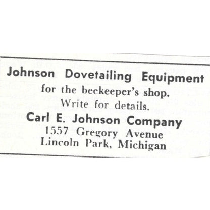Carl E. Johnson Dovetailing Equipment Lincoln Park MI 1961 Magazine Ad AK6-S13