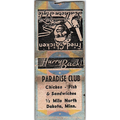 Paradise Club Restaurant Dakota MN Vintage Matchbook Cover SC7-Y6