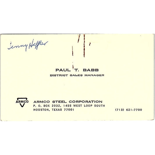 Paul T Babb Armco Steel Corp Houston Vintage Business Card SE5-B2