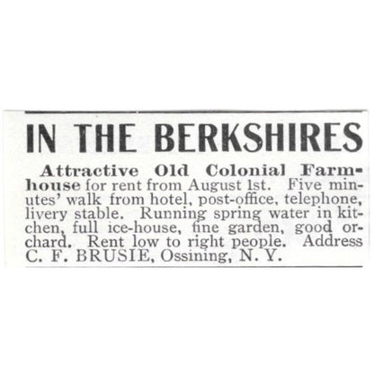 Berkshires Colonial Farmhouse for Rent C.F. Brusie Ossining NY 1903 Ad AF8-S37